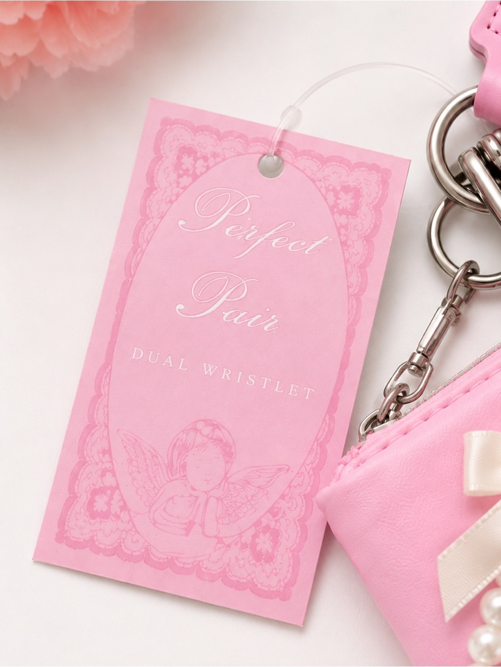 Pink Dual Wristlet Keychain Coin Pouch Card Holder Pearl Bow Charm NWT - Picture 6 of 8